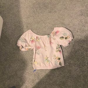 Off the shoulder forever 21 pink and white tropical summer top